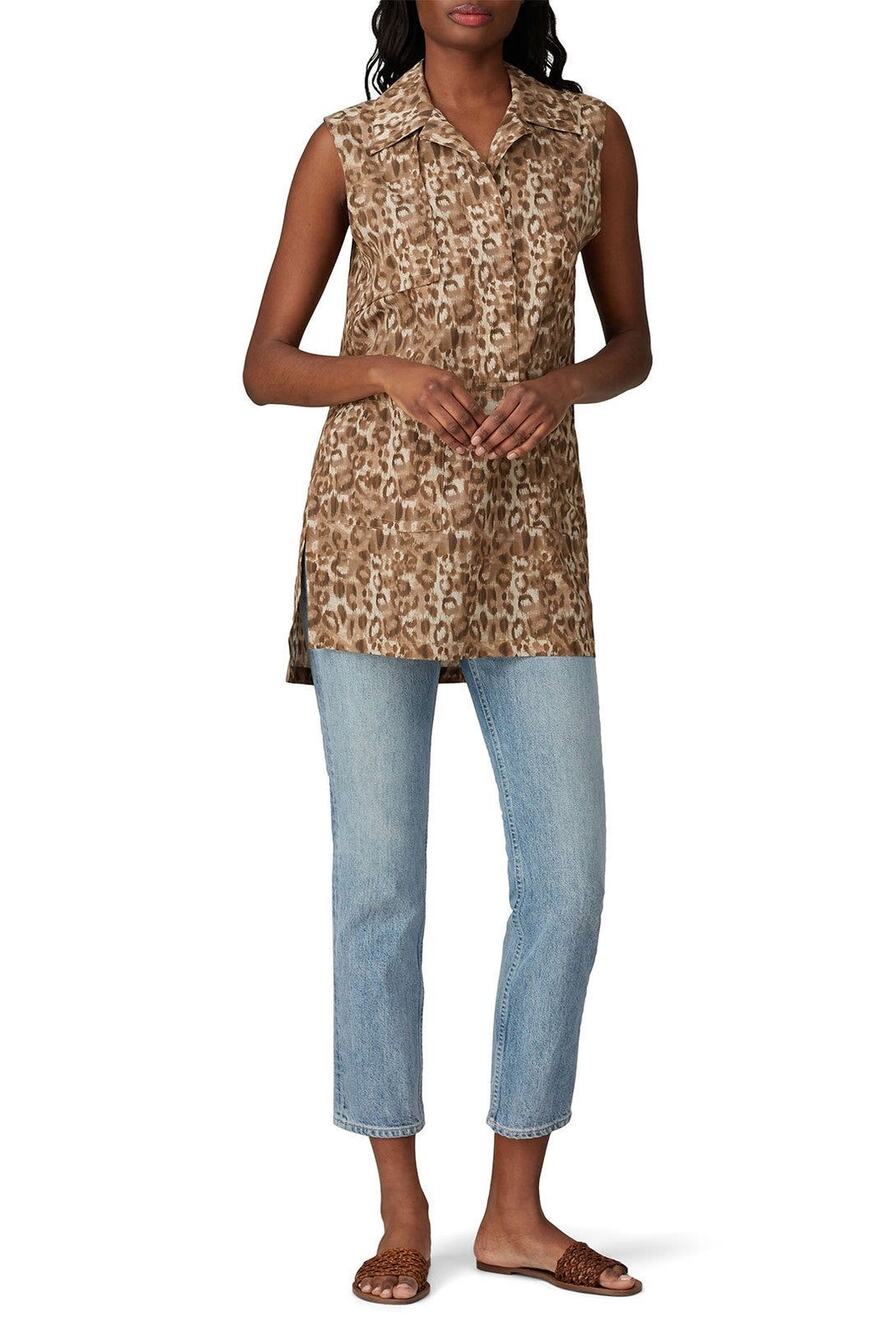 VICTOR ALFARO Brown Animal Print Sleeveless Front Hidden Button Placket Top L